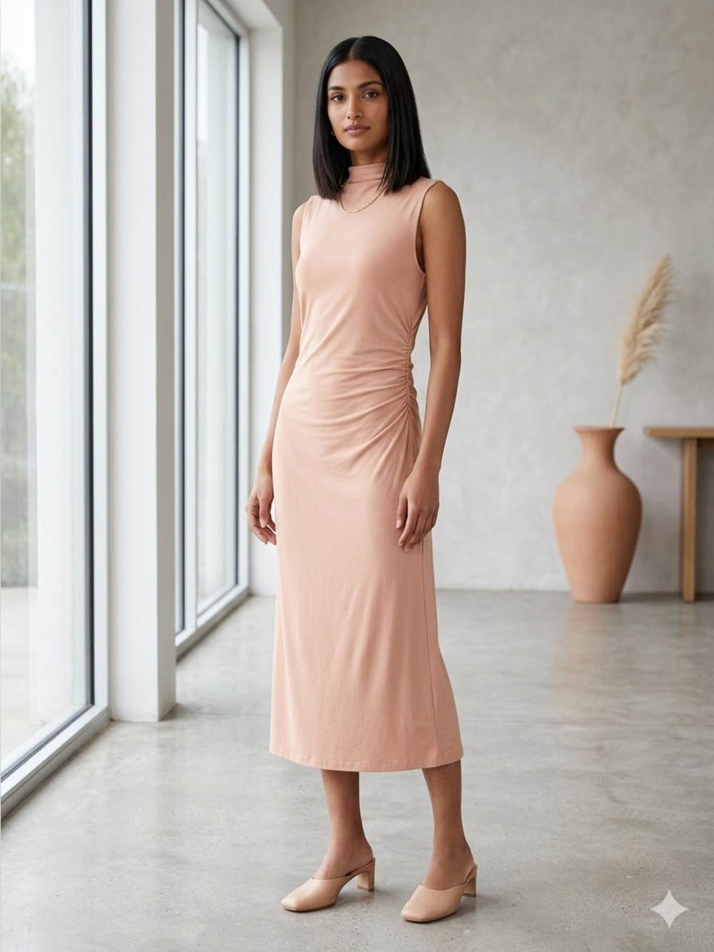 Vince tan mock neck gathered waist sleeveless jersey midi dress - XS NWT